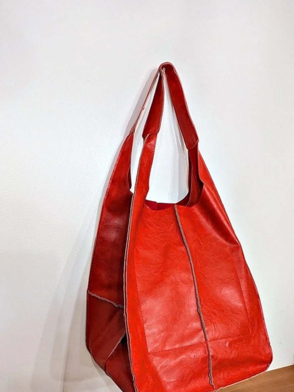 Genuine Leather Oversized Red Hobo Tote Bag Slouchy Shoulder Purse